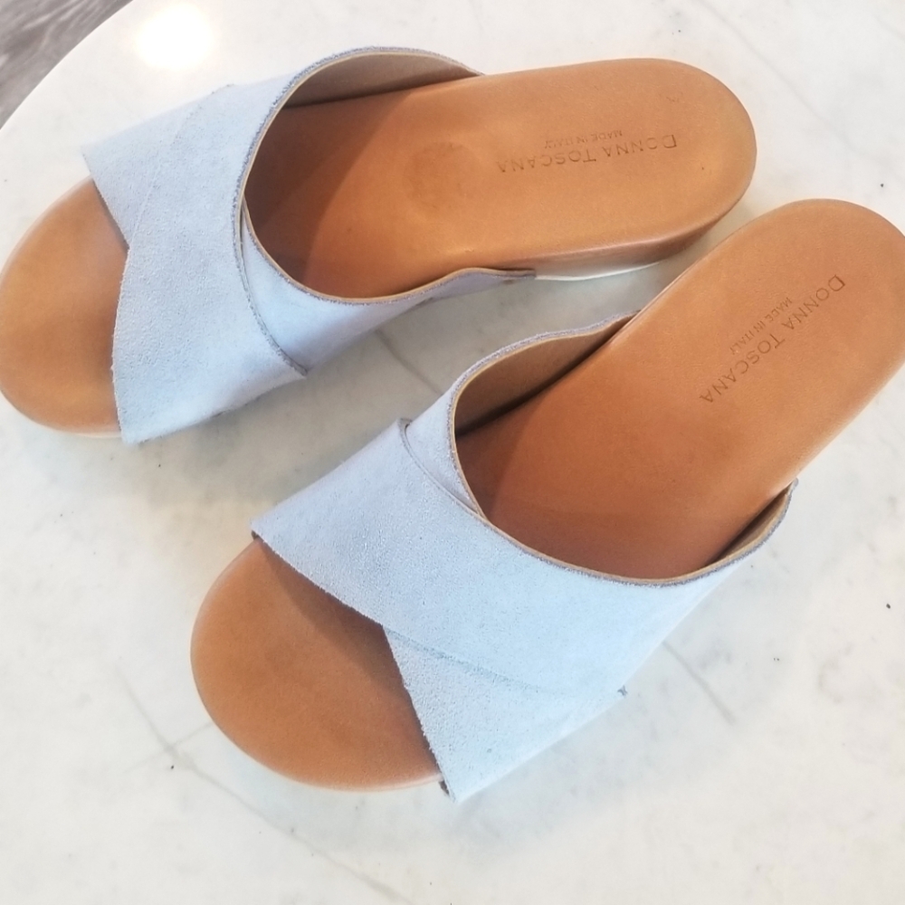 Donna Toscana Italian Suede Slip-on Sandal Wooden Platform Clogs Studs Blue sz 8